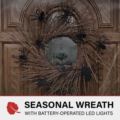Haunted Hill Farm 20 Battery-Operated Twig Wreath with Lights & Creepy Spiders (HHWRTHSPD-1BR)