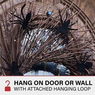 Haunted Hill Farm 20" Battery-Operated Twig Wreath with Lights & Creepy Spiders (HHWRTHSPD-1BR)