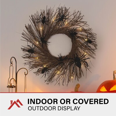 Haunted Hill Farm 20" Battery-Operated Twig Wreath with Lights & Creepy Spiders (HHWRTHSPD-1BR)