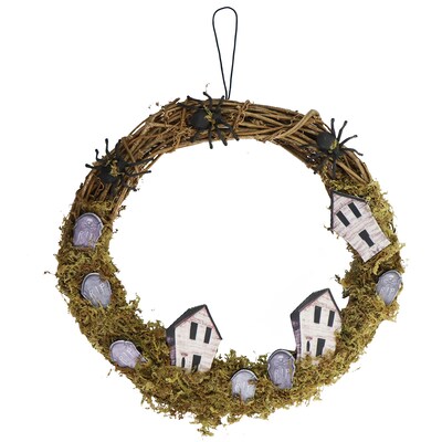 Haunted Hill Farm 15 Grapevine Wreath with Spiders, Tombstones, & Haunted Houses (HHWRTHTOMB-0BR)