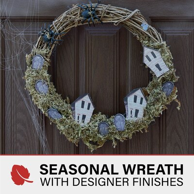 Haunted Hill Farm 15 Grapevine Wreath with Spiders, Tombstones, & Haunted Houses (HHWRTHTOMB-0BR)