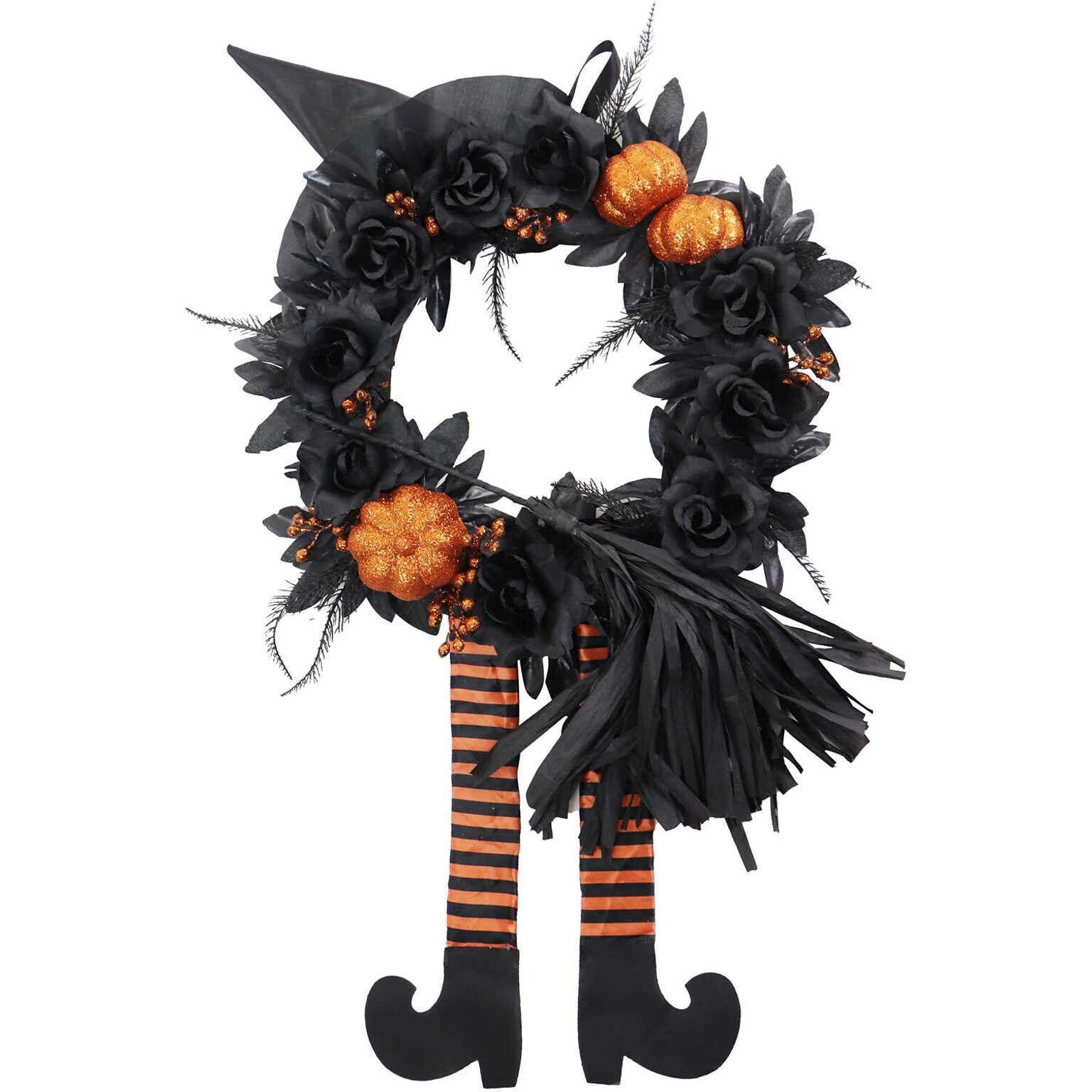 Haunted Hill Farm Halloween Black/Orange Floral Wreath Haunted House Decoration (HHWTC-1WRTH)