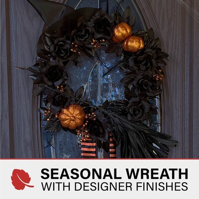Haunted Hill Farm Halloween Black/Orange Floral Wreath Haunted House Decoration (HHWTC-1WRTH)