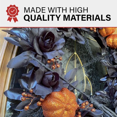 Haunted Hill Farm Halloween Black/Orange Floral Wreath Haunted House Decoration (HHWTC-1WRTH)