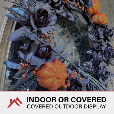 Haunted Hill Farm Halloween Black/Orange Floral Wreath Haunted House Decoration (HHWTC-1WRTH)