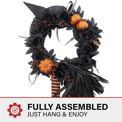 Haunted Hill Farm Halloween Black/Orange Floral Wreath Haunted House Decoration (HHWTC-1WRTH)