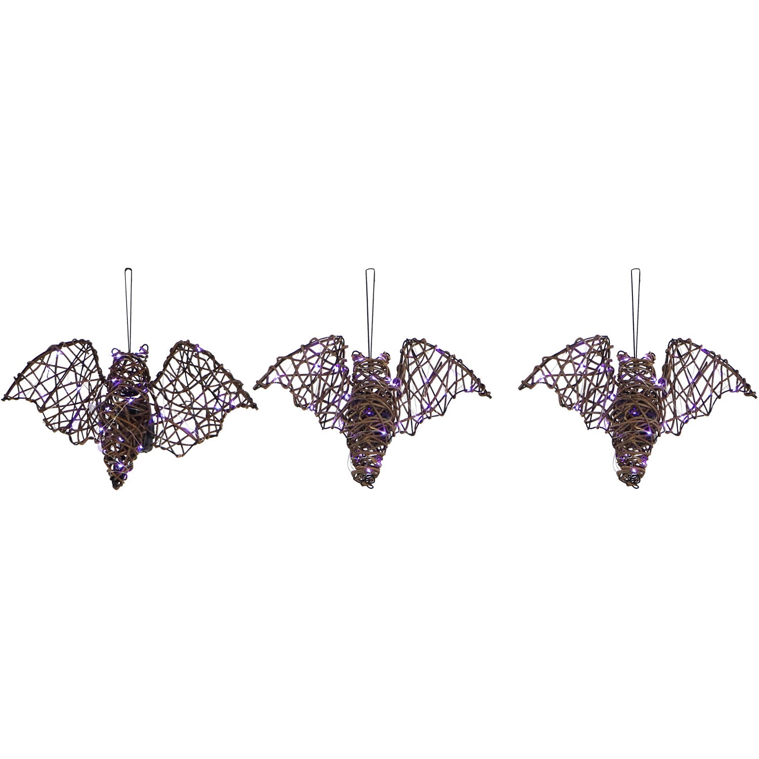Haunted Hill Farm Battery-Operated Rattan Bats, 3/Set (HHWOOD3BAT-1BR)