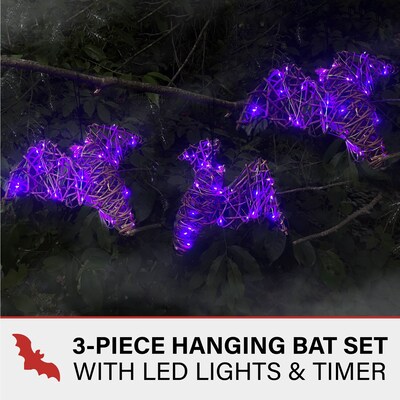 Haunted Hill Farm Battery-Operated Rattan Bats, 3/Set (HHWOOD3BAT-1BR)