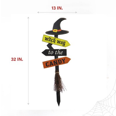 Haunted Hill Farm 32" Witch Way to the Candy Battery-Operated Halloween Decoration (HHWOODBRM-1BL)