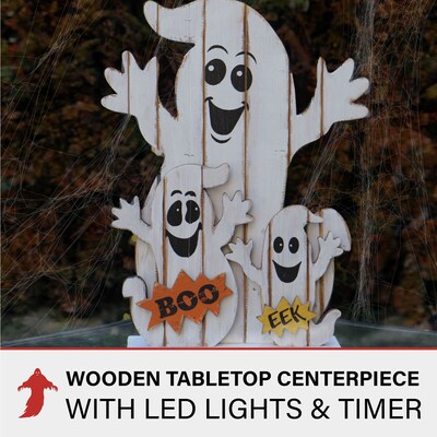 Haunted Hill Farm 16 Ghost Family Battery-Operated Wooden Centerpiece Halloween Decoration (HHWOODGHST-1WH)