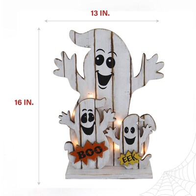 Haunted Hill Farm 16" Ghost Family Battery-Operated Wooden Centerpiece Halloween Decoration (HHWOODGHST-1WH)