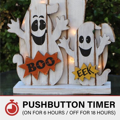 Haunted Hill Farm 16" Ghost Family Battery-Operated Wooden Centerpiece Halloween Decoration (HHWOODGHST-1WH)