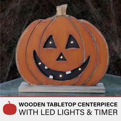 Haunted Hill Farm 13 Short Pumpkin Battery-Operated Wooden Centerpiece Halloween Decoration (HHWOODPMP-1OR)