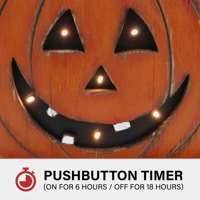 Haunted Hill Farm 13" Short Pumpkin Battery-Operated Wooden Centerpiece Halloween Decoration (HHWOODPMP-1OR)