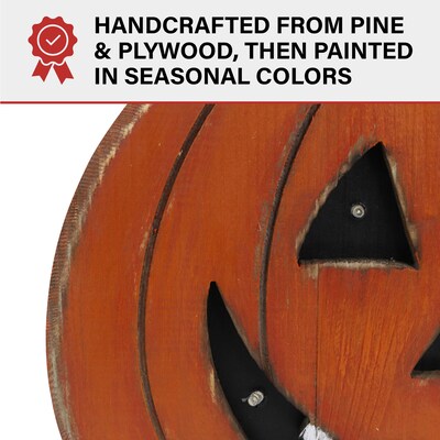 Haunted Hill Farm 13" Short Pumpkin Battery-Operated Wooden Centerpiece Halloween Decoration (HHWOODPMP-1OR)