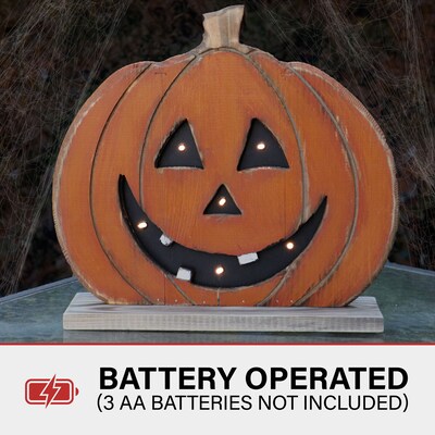 Haunted Hill Farm 13" Short Pumpkin Battery-Operated Wooden Centerpiece Halloween Decoration (HHWOODPMP-1OR)