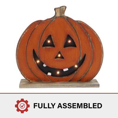 Haunted Hill Farm 13" Short Pumpkin Battery-Operated Wooden Centerpiece Halloween Decoration (HHWOODPMP-1OR)