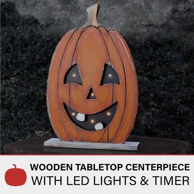 Haunted Hill Farm 18 Tall Pumpkin Battery-Operated Wooden Centerpiece Halloween Decoration (HHWOODPMP-1OR1)