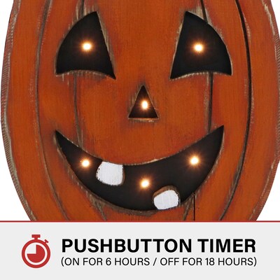Haunted Hill Farm 18" Tall Pumpkin Battery-Operated Wooden Centerpiece Halloween Decoration (HHWOODPMP-1OR1)