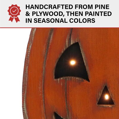 Haunted Hill Farm 18" Tall Pumpkin Battery-Operated Wooden Centerpiece Halloween Decoration (HHWOODPMP-1OR1)
