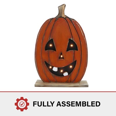 Haunted Hill Farm 18" Tall Pumpkin Battery-Operated Wooden Centerpiece Halloween Decoration (HHWOODPMP-1OR1)