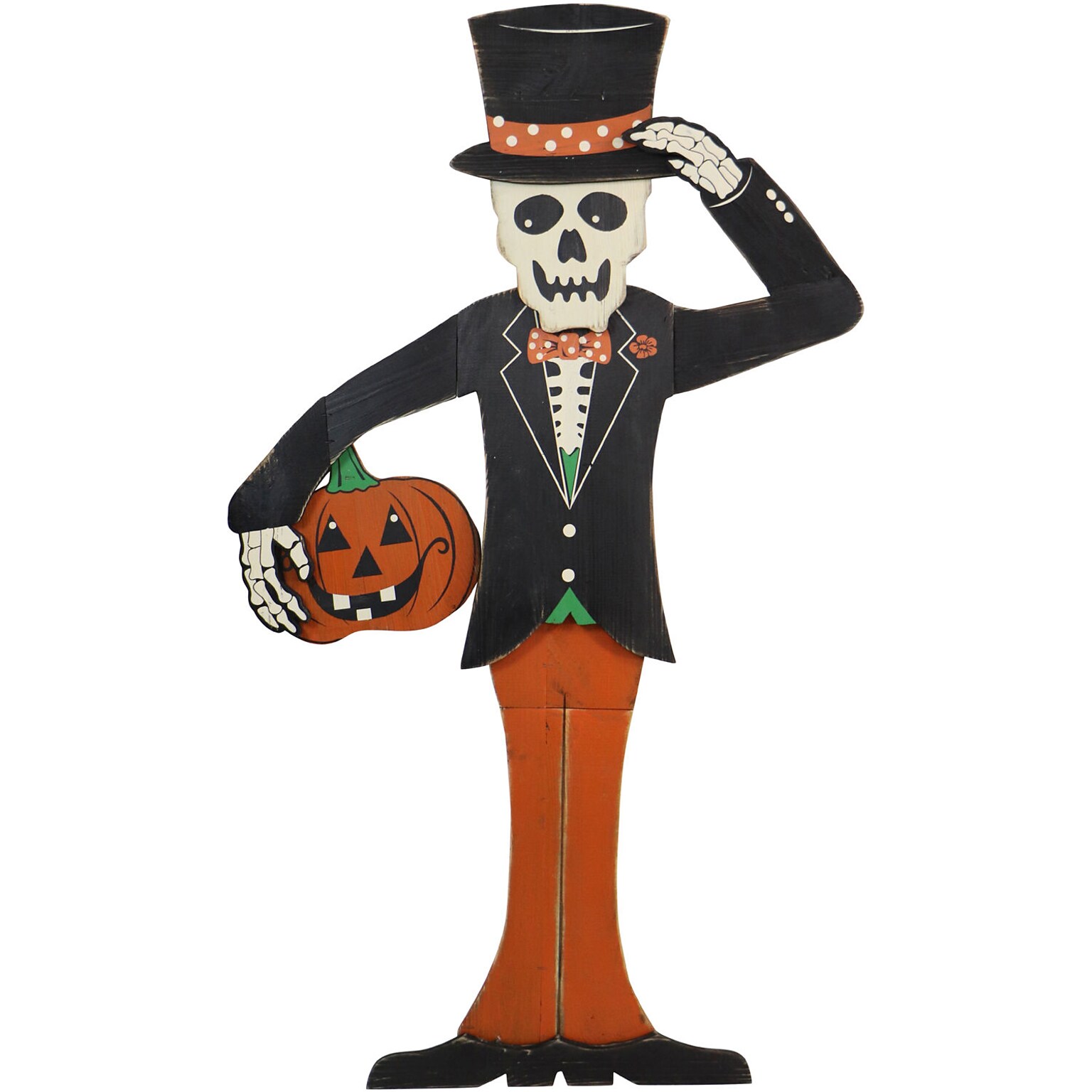 Haunted Hill Farm 46 Skeleton Holding a Carved Pumpkin Lawn Art (HHWOODSKL-0BL)