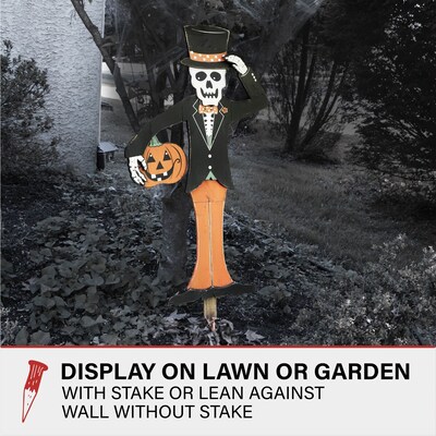 Haunted Hill Farm 46" Skeleton Holding a Carved Pumpkin Lawn Art (HHWOODSKL-0BL)