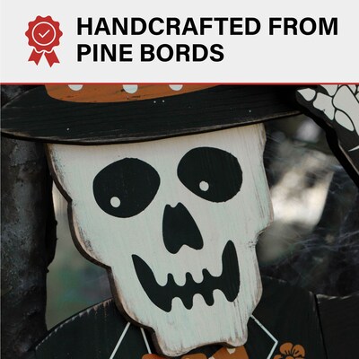 Haunted Hill Farm 46" Skeleton Holding a Carved Pumpkin Lawn Art (HHWOODSKL-0BL)