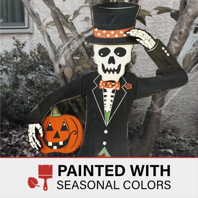 Haunted Hill Farm 46" Skeleton Holding a Carved Pumpkin Lawn Art (HHWOODSKL-0BL)