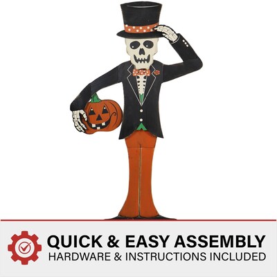 Haunted Hill Farm 46" Skeleton Holding a Carved Pumpkin Lawn Art (HHWOODSKL-0BL)