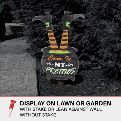 Haunted Hill Farm 24" Come In My Pretties Witch's Cauldron Funny Lawn Art (HHWOODWTCH-0BL)