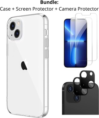 SaharaCase iPhone 14 6.1 Bundle, Hybrid-Flex Hard Shell Case with Tempered Glass Screen and Camera Protector, Clear
