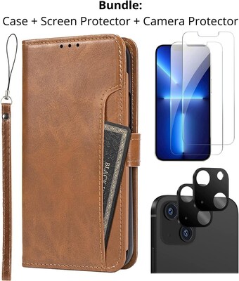 SaharaCase iPhone 14 6.1 Protection Bundle, Folio Wallet Case with Tempered Glass Screen and Camera Protector, Brown