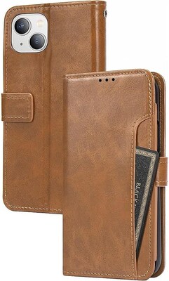 SaharaCase iPhone 14 6.1" Protection Bundle, Folio Wallet Case with Tempered Glass Screen and Camera Protector, Brown