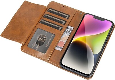 SaharaCase iPhone 14 6.1" Protection Bundle, Folio Wallet Case with Tempered Glass Screen and Camera Protector, Brown