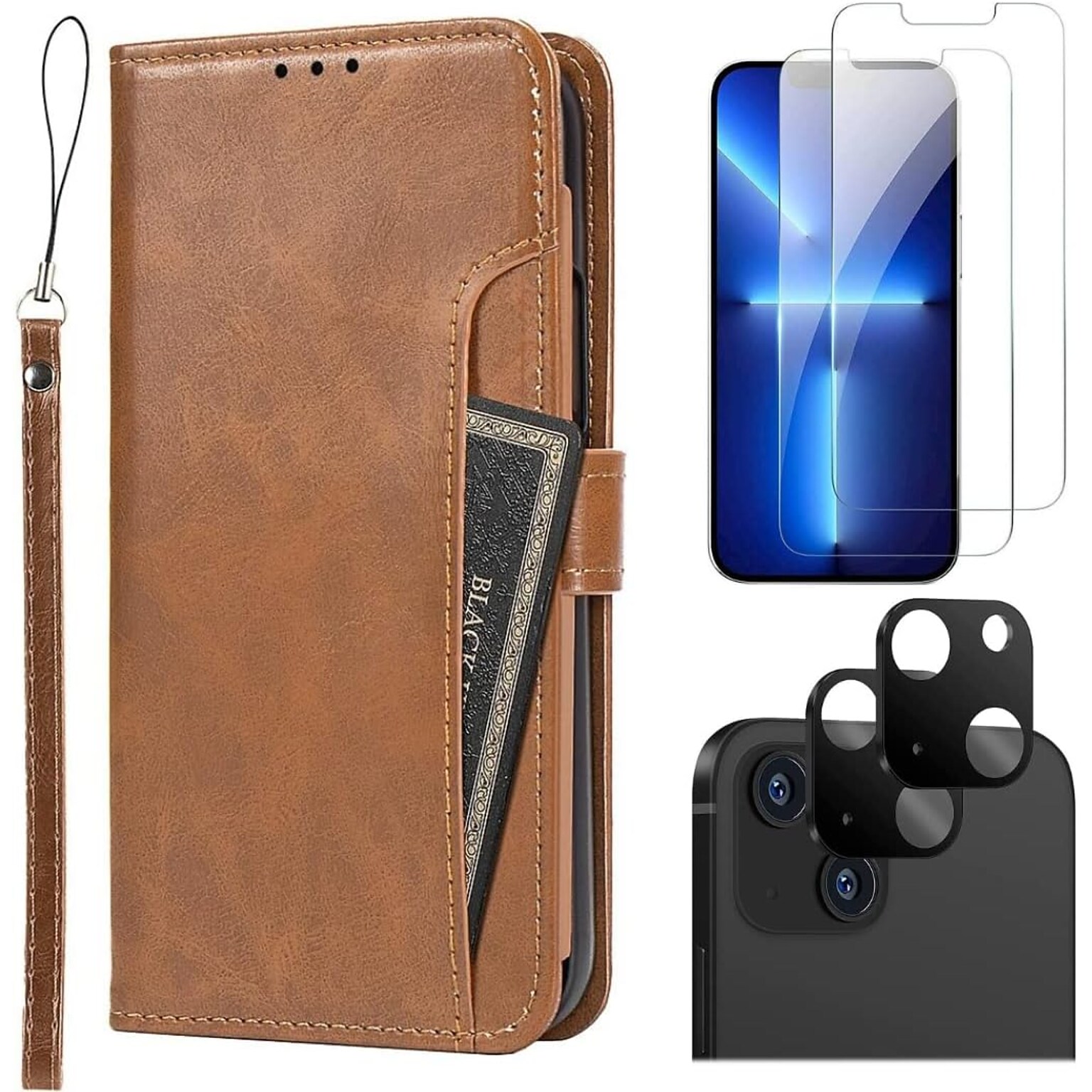 SaharaCase iPhone 14 6.1 Protection Bundle, Folio Wallet Case with Tempered Glass Screen and Camera Protector, Brown