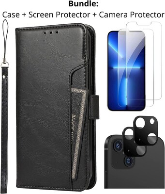 SaharaCase iPhone 14 Plus 6.7 Bundle, Folio Wallet Case with Tempered Glass Screen and Camera Protector, Black