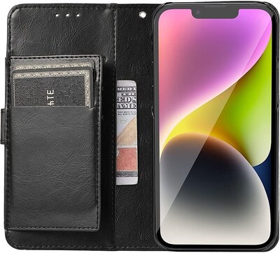 SaharaCase iPhone 14 Plus 6.7" Bundle, Folio Wallet Case with Tempered Glass Screen and Camera Protector, Black