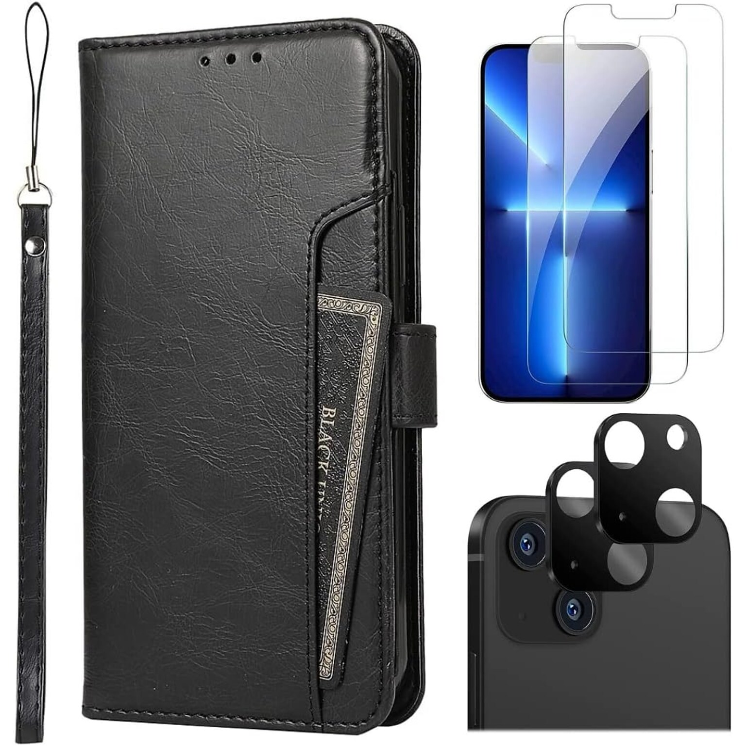 SaharaCase iPhone 14 Plus 6.7 Bundle, Folio Wallet Case with Tempered Glass Screen and Camera Protector, Black