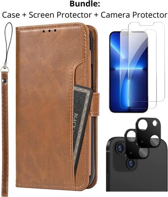 SaharaCase iPhone 14 Plus 6.7 Bundle, Folio Wallet Case with Tempered Glass Screen and Camera Protector, Brown