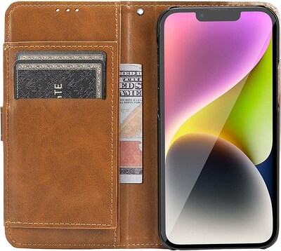 SaharaCase iPhone 14 Plus 6.7" Bundle, Folio Wallet Case with Tempered Glass Screen and Camera Protector, Brown