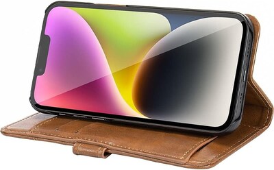 SaharaCase iPhone 14 Plus 6.7" Bundle, Folio Wallet Case with Tempered Glass Screen and Camera Protector, Brown