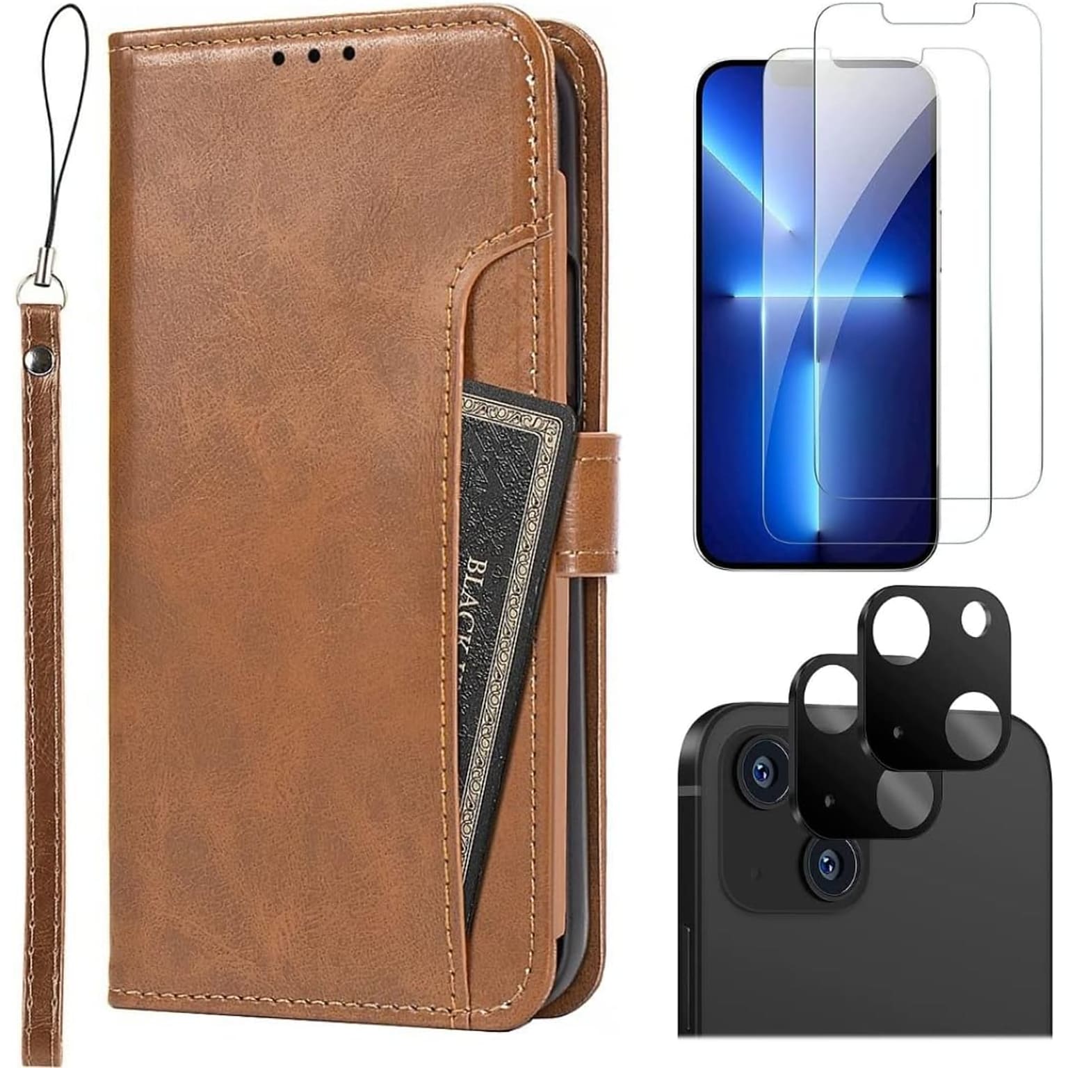 SaharaCase iPhone 14 Plus 6.7 Bundle, Folio Wallet Case with Tempered Glass Screen and Camera Protector, Brown
