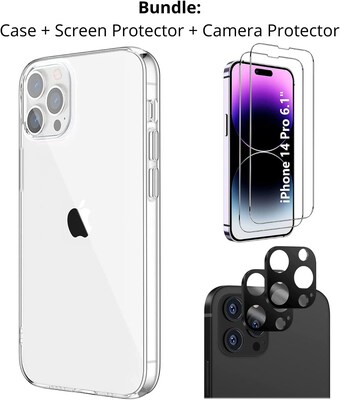 SaharaCase iPhone 14 Pro 6.1 Bundle, Hybrid-Flex Hard Shell Case with Tempered Glass Screen and Camera Protector, Clear