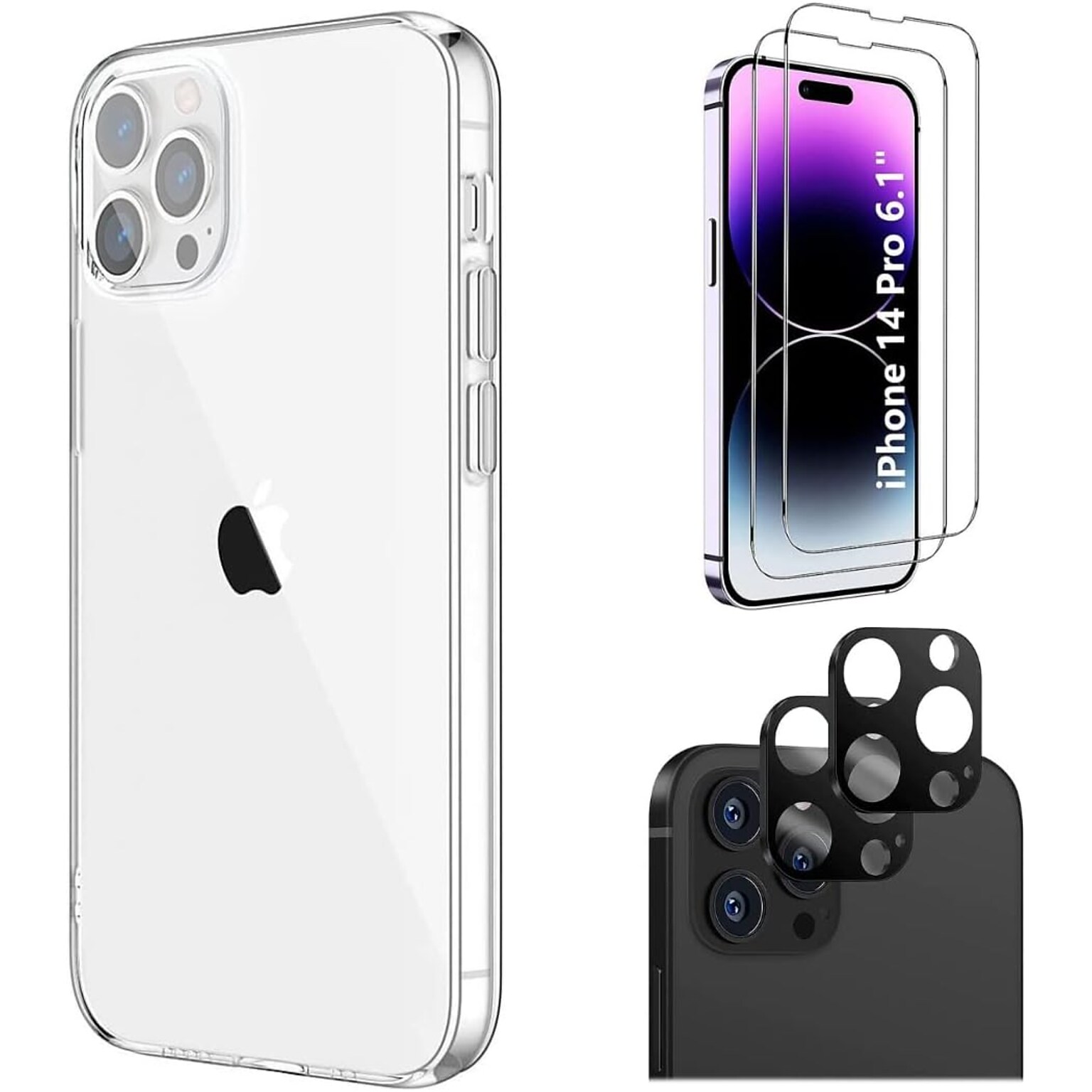 SaharaCase iPhone 14 Pro 6.1 Bundle, Hybrid-Flex Hard Shell Case with Tempered Glass Screen and Camera Protector, Clear