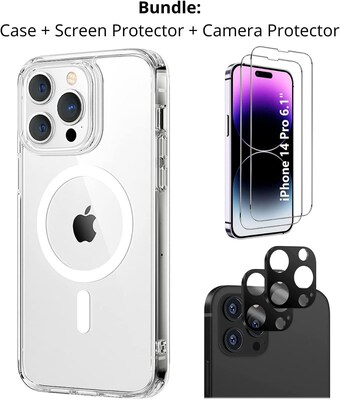 SaharaCase iPhone 14 Pro 6.1 Bundle, Hybrid-Flex Hard Shell Case with Tempered Glass Screen and Camera Protector, Clear