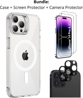 SaharaCase iPhone 14 Pro 6.1 Bundle, Hybrid-Flex Kickstand Case with Tempered Glass Screen and Camera Protector, Clear