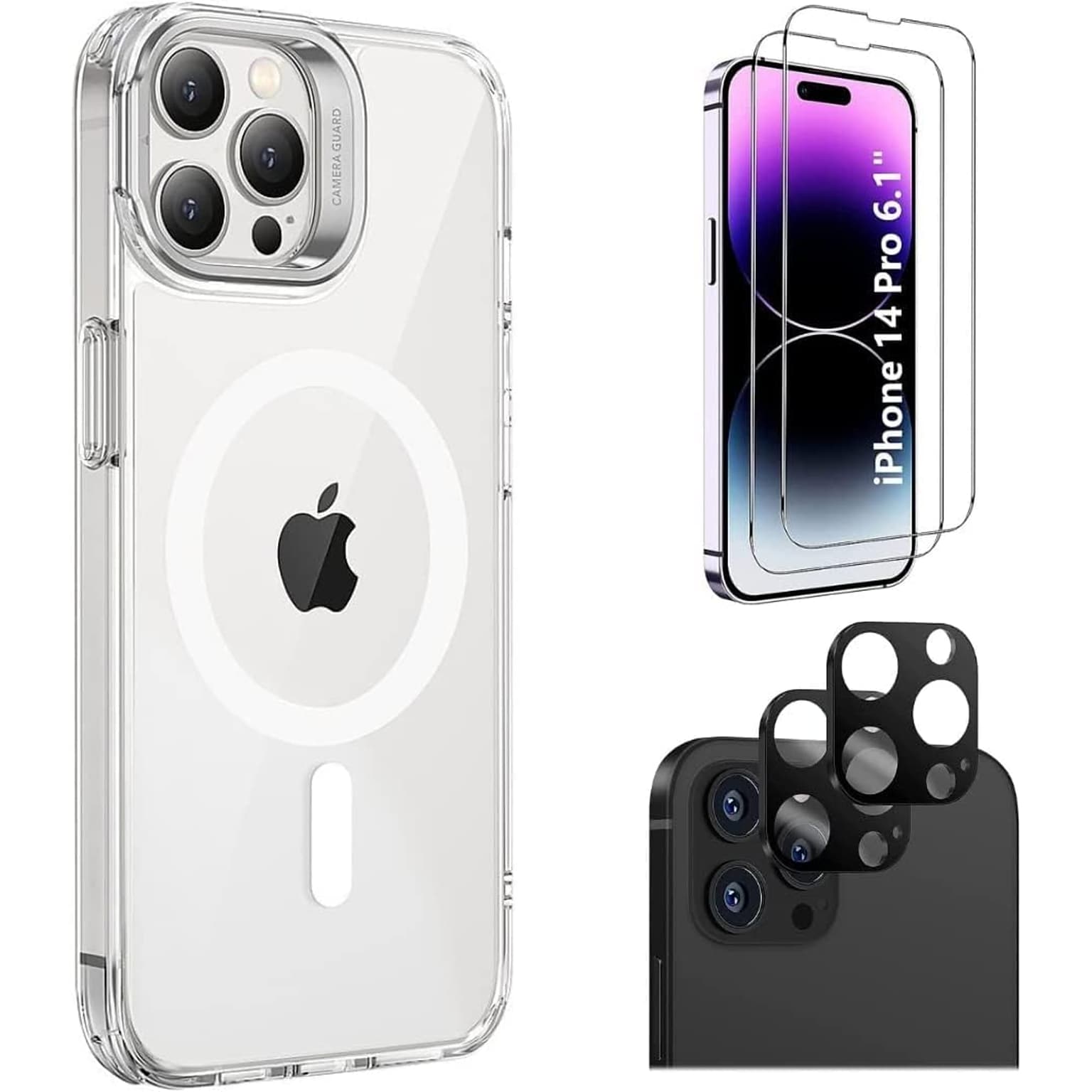 SaharaCase iPhone 14 Pro 6.1 Bundle, Hybrid-Flex Kickstand Case with Tempered Glass Screen and Camera Protector, Clear