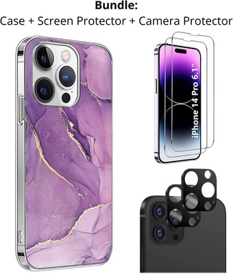 SaharaCase iPhone 14 Pro 6.1 Bundle, Series Case with Tempered Glass Screen and Camera Protector, Purple Marble