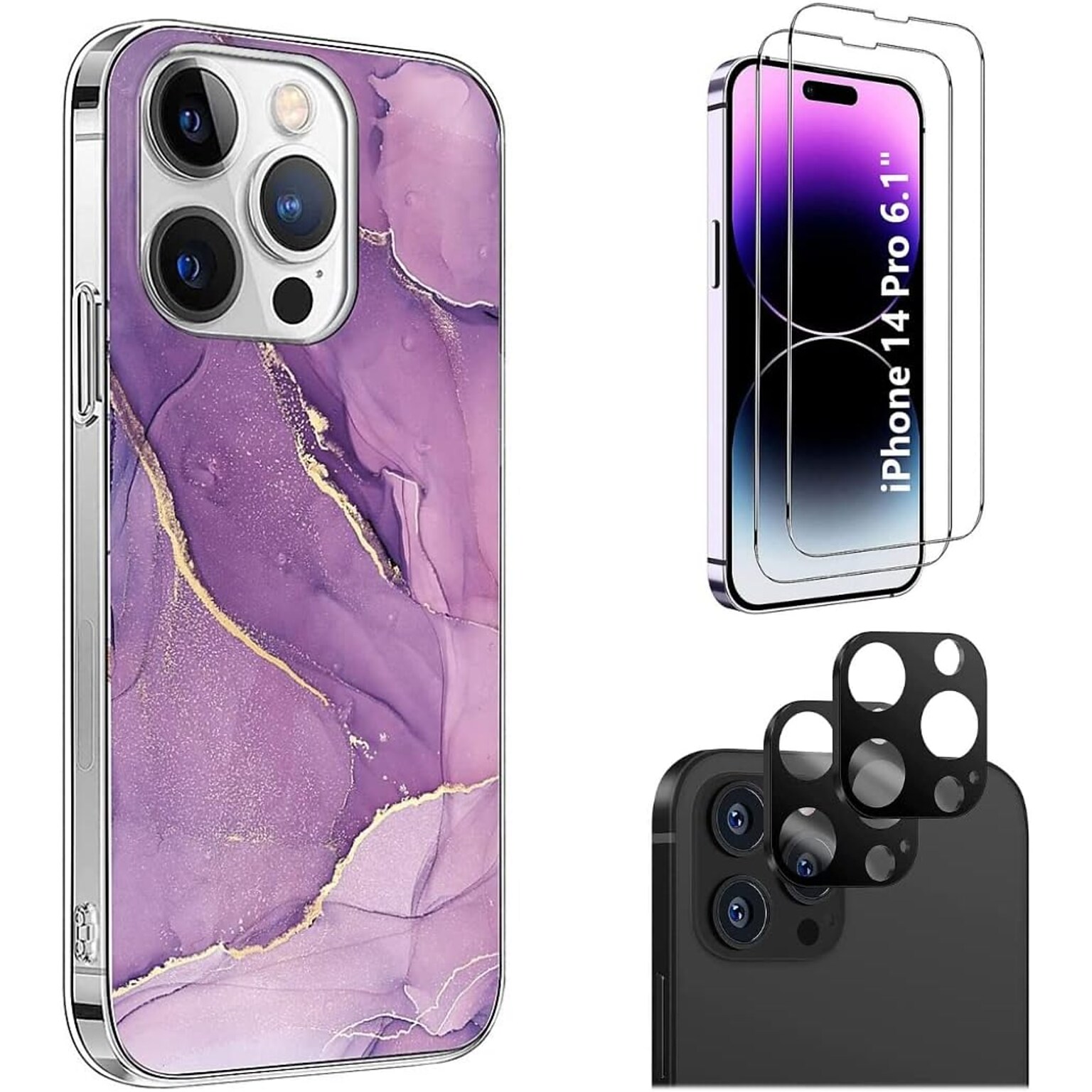 SaharaCase iPhone 14 Pro 6.1 Bundle, Series Case with Tempered Glass Screen and Camera Protector, Purple Marble
